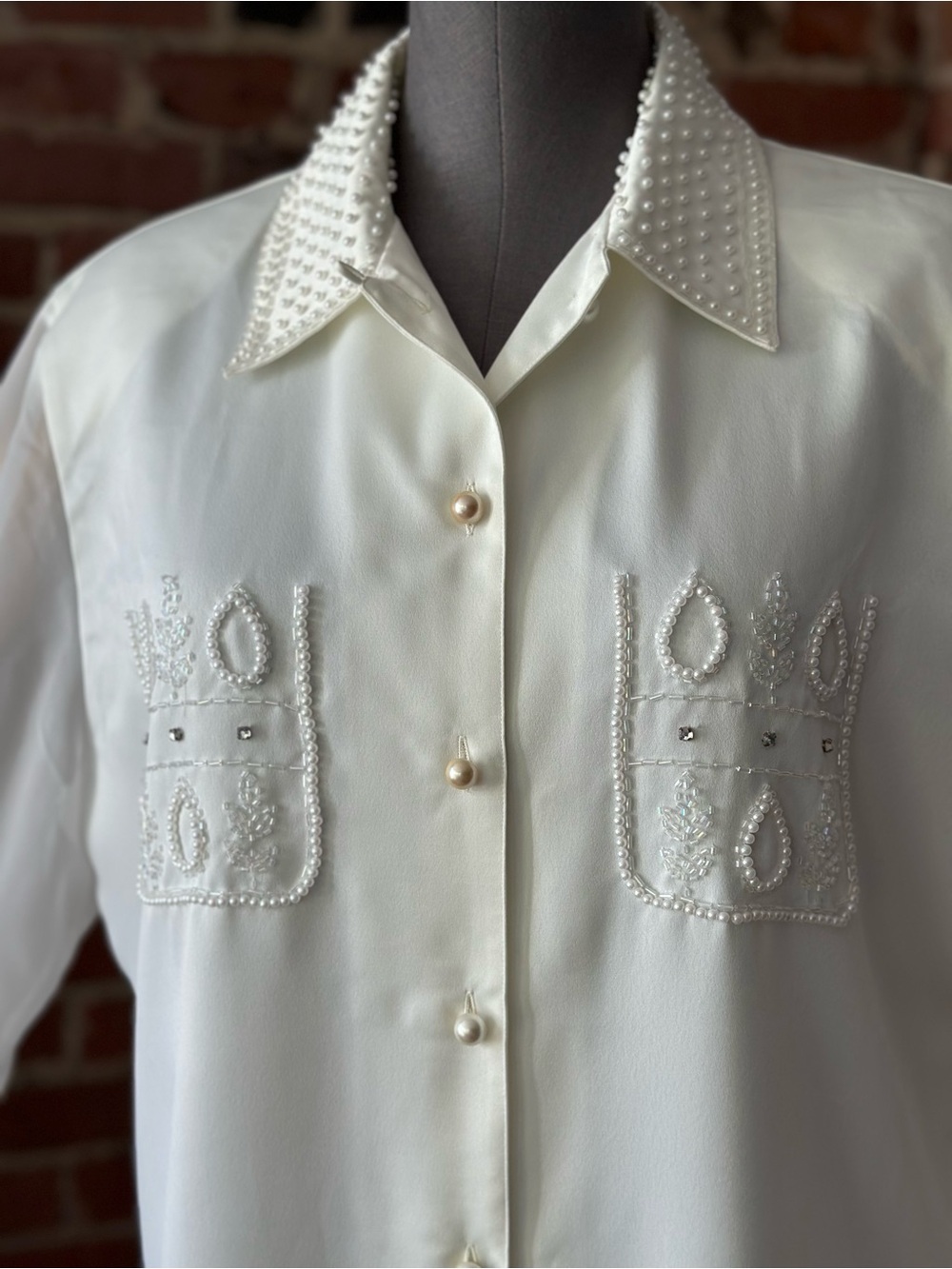 Vintage 90s Ivory Pearl Beaded Satin Blouse Sheer Sleeves